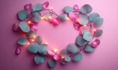 Obraz premium Heart-shaped floral frame with lights on pink for Valentine's Day cards
