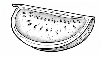 A stylized black and white illustration of a watermelon slice. Ideal for summer-themed designs, menus, or coloring pages.