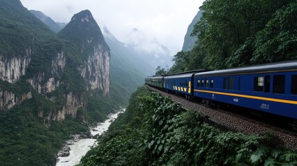 Fototapeta premium Scenic train journey through lush mountains and river valley.