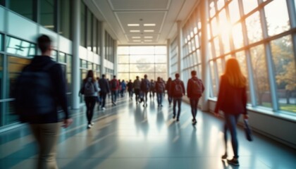 Many students walk in a university hallway. Sunny day. Busy campus. People are focused on their journey. Lots of motion. Back to school atmosphere. Indoor setting. Modern campus style.