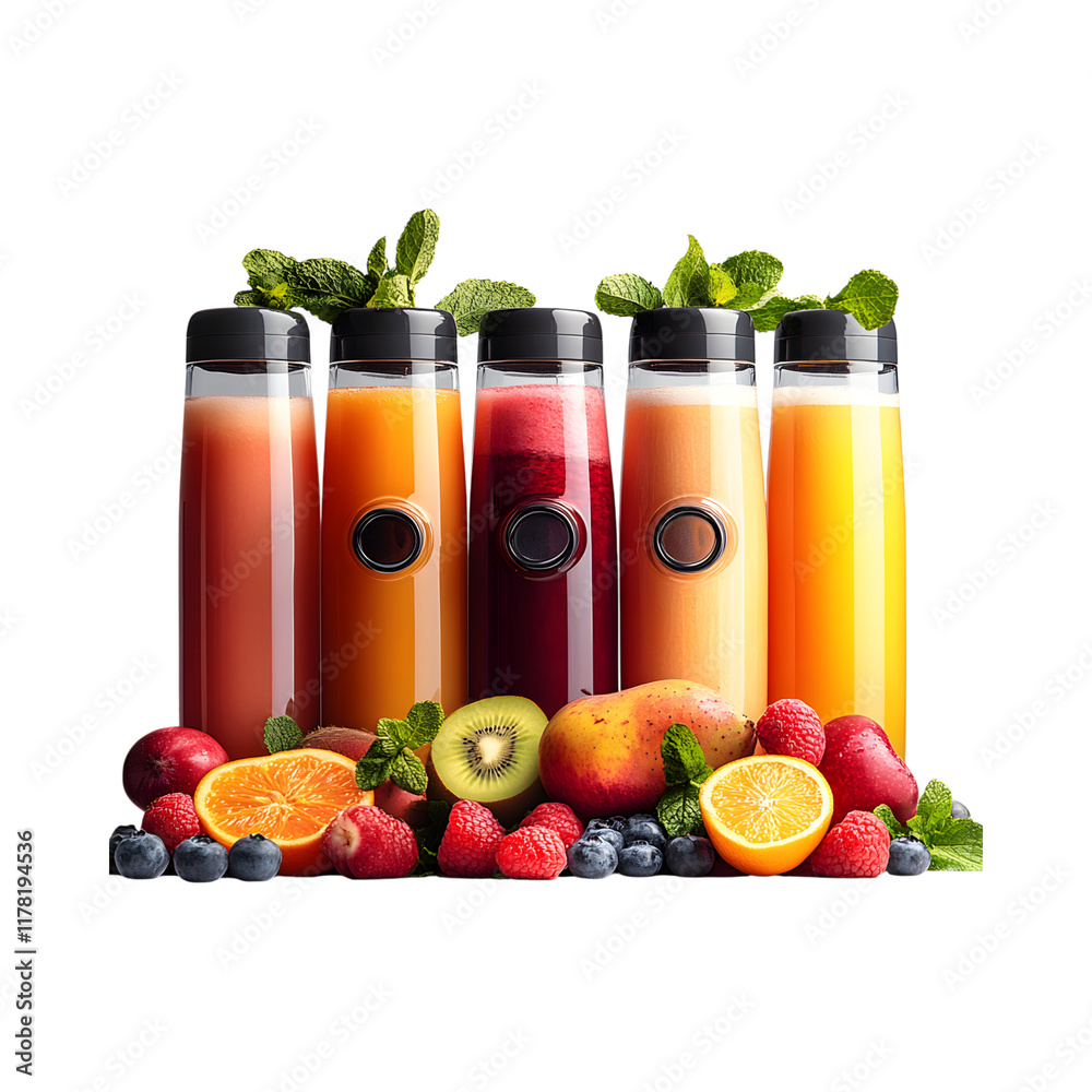 Wall mural Fresh Juices and Fruits Collection Isolated on Transparent Background