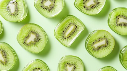 Fototapeta premium Close-up of vibrant kiwi slices with seamless symmetry, set against a pastel green background, vector design, minimalist fruity pattern