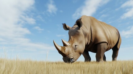 Obraz premium A rhinoceros grazing in a grassy landscape under a blue sky.
