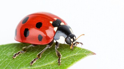 A close-up of a ladybug on a green leaf against a white background.