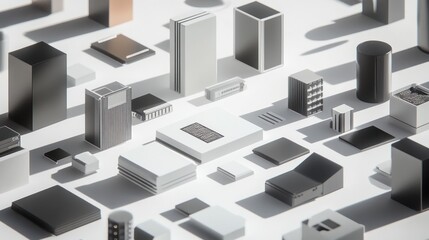 Multiple capacitors and microchips on a clean white desk with shadows 