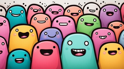 Obraz premium Rainbow-colored crowd of cheerful cartoon people with exaggerated features, in a childlike doodle style, set against a bright pastel background