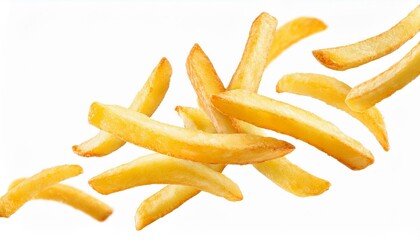 Falling french fries, potato fry isolated on white background, selective focus 