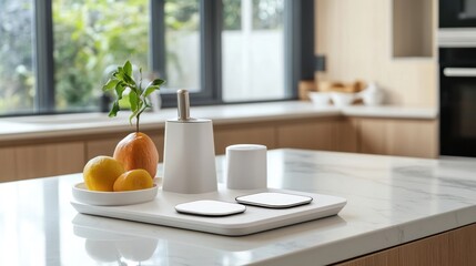Smart home charging station with multiple ports and wireless charging pads on a clean countertop 