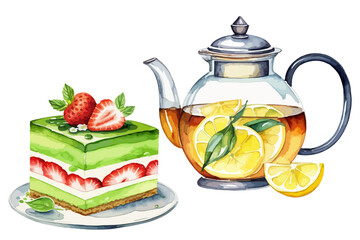 Elegant watercolor illustration of a glass teapot with lemon slices and herbal tea, accompanied by a delicious dessert slice. Perfect for food, beverage, and cozy lifestyle designs