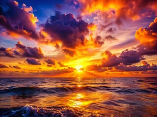 Fototapeta premium Vibrant Ocean Sunset: Golden Hour Seascape with Dramatic Sky