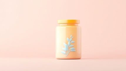 A pastel-colored jar with a yellow lid sits against a light pink background, featuring a delicate leaf design that adds a touch of elegance.