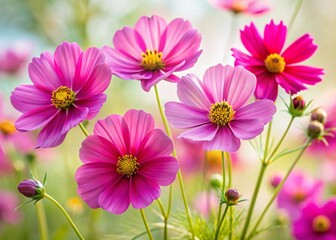 Vibrant Pink Cosmos Bipinnatus Flowers with Yellow Pollen, Long Exposure, Isolated on White