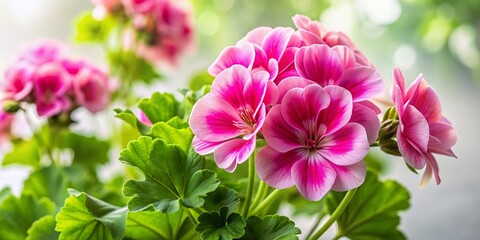 Fototapeta premium Vibrant Pink Geranium Bloom Long Exposure Stock Photo - Lush Green Leaves White Background