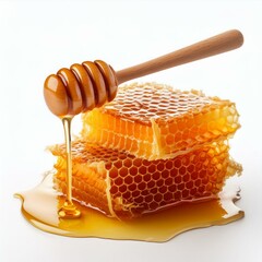 Honeycomb with honey dipper isolated on white background