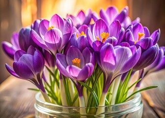 Fototapeta premium Vibrant Purple Crocus Flowers in Ornate Glass Vase - Spring Bouquet