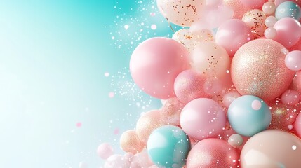 A collection of soft pastel-colored bubbles in pink and blue float together, blending with a whimsical background, perfect for festive themes and celebrations