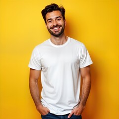 Obraz premium Happy young man in plain white t-shirt. Casual attire. Studio shot against bright yellow background. Relaxed pose with hands in pockets. Trendy style. Adult male model. Casual fashion.