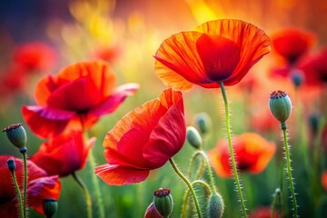 Fototapeta premium Vibrant Red Poppies Close-Up: Wildflower Field Blooms, Spring Nature Photography