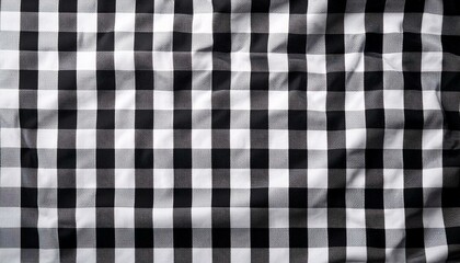 Black white checkered picnic tablecloth as background, top view (