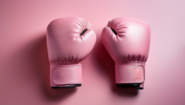 A pair of pink boxing gloves representing strength and empowerment in breast cancer awareness month against a pink background. Pair of pink boxing gloves on color background