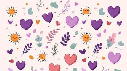 Fototapeta premium Playful children's drawing with pastel flowers, hearts, and suns, scattered on a colorful gradient rainbow background, seamless vector pattern, cheerful design
