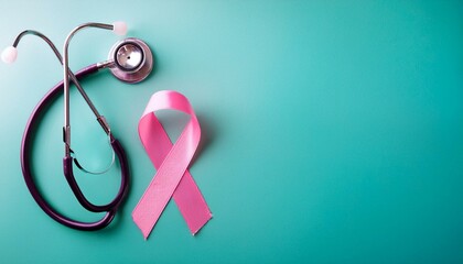 Pink ribbon and stethoscope on color background, top view with space for text.