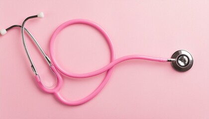 Top view photo of pink stethoscope on isolated pastel pink background with empty space. Breast cancer prevention concept