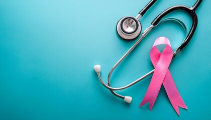 Pink ribbon and stethoscope on color background, top view with space for text. 