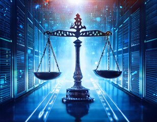 law scales on background of data center digital law concept of duality of judiciary jurisprudence and justice and data in the modern world copy space