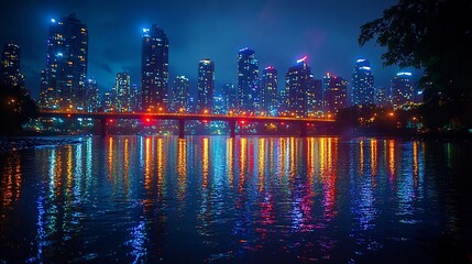 Fototapeta premium Night Cityscape Illuminated Buildings Reflecting on Water