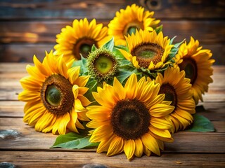 Vibrant Sunflower Bouquet, Summer Flowers, Bright Yellow Blooms, Rustic Table, Close-up Photography