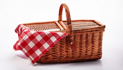 A wicker picnic basket with a red gingham cloth on a white background 
