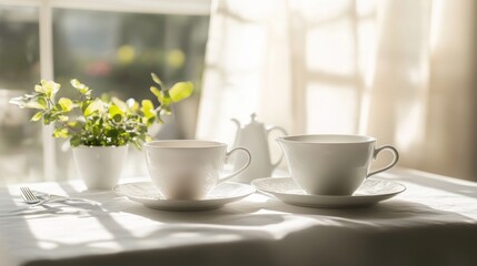 White porcelain tea set on a clean white tablecloth, soft natural light, serene afternoon tea vibe 