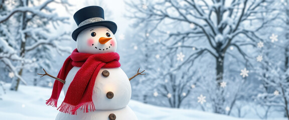 Fototapeta premium Charming Snowman in a Winter Wonderland with Snow-Covered Trees