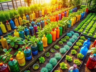 Obraz premium Vibrant Upcycled Bottle Vegetable Garden: Sustainable Urban Farming