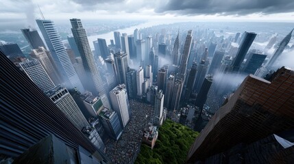 Aerial view of a misty cityscape with towering skyscrapers.