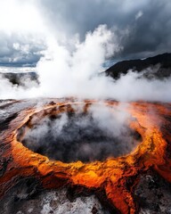 Fototapeta premium A volcanic caldera with bubbling hot springs, surrounded by steaming vents and vivid colors