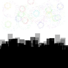 Fototapeta premium A silhouetted skyline illustration of city buildings at night in black and white with fireworks in the sky.