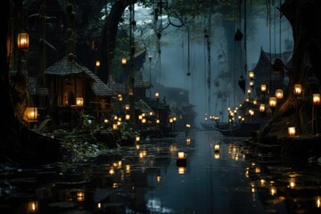 Enchanting canal village at night, illuminated by lanterns, nestled amongst lush jungle foliage.