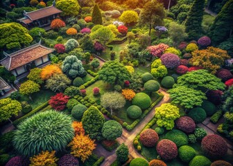 Vintage Bangkok Garden: Lush Tropical Shrubs & Trees Aerial View