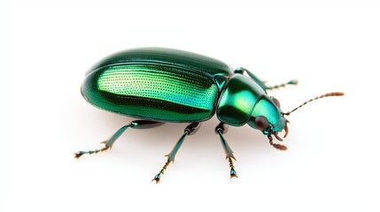 Green jewel beetle, macro photography style, brilliant shell and leg textures, isolated on white background
