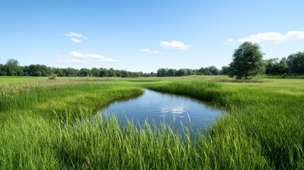 Serene landscape with a winding stream and lush green grass.