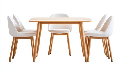 Fototapeta premium Minimalist dining table in light oak wood, fabric cushioned chairs, clean modern aesthetic, isolated on white background