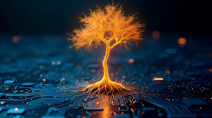 A glowing tree with detailed roots emerges from the circuit board, symbolizing the harmony of nature and modern technology growth AI artificial intelligent motherboard circuit board microchip root