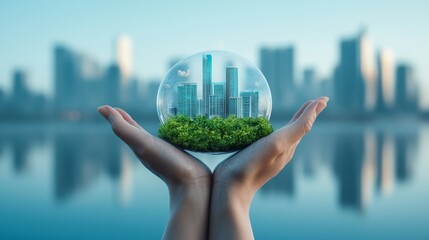 Blueprint of sustainable buildings held up against a skyline, showing green city planning concepts and innovative urban architecture