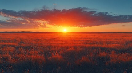 Obraz premium Fiery Sunset Over a Grassy Plain at Dusk