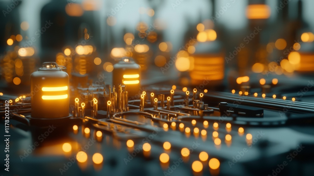 Poster abstract close-up of a futuristic circuit board with glowing components and soft bokeh effect for te
