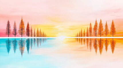 Obraz premium Serene Landscape with Pine Trees and Reflections on Calm Water at Sunrise in Soft Pastel Colors