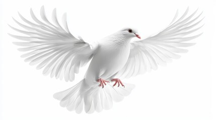 Obraz premium White dove in dynamic pose, mid-flight with open wings, subtle motion effects, highly detailed, isolated on white background
