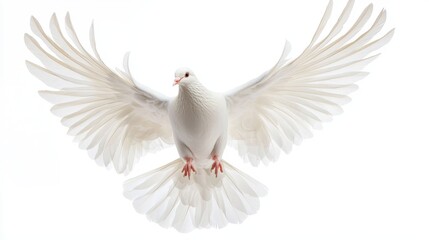 Fototapeta premium White dove gliding in the air, feathers detailed, motion and light effects, photorealistic, isolated on white background